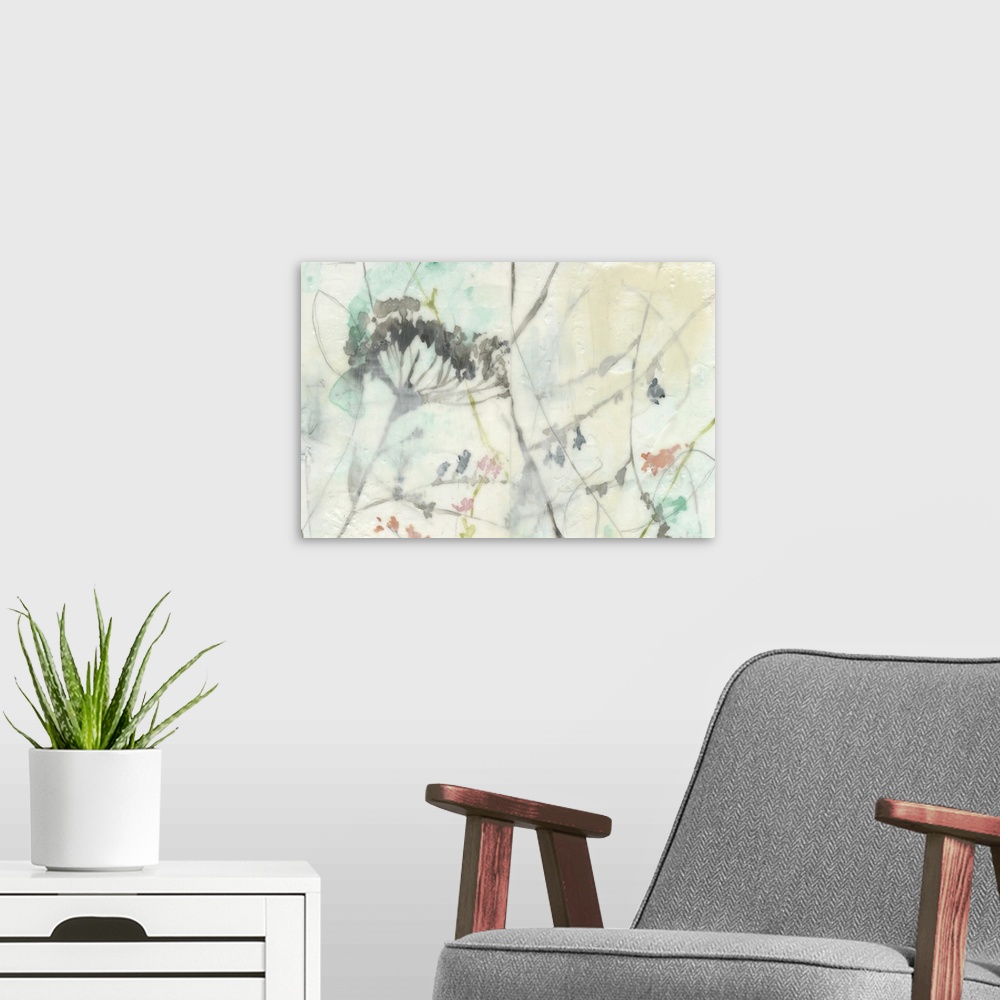 A modern room featuring Floral abstract painting in muted tones with small pops of color.