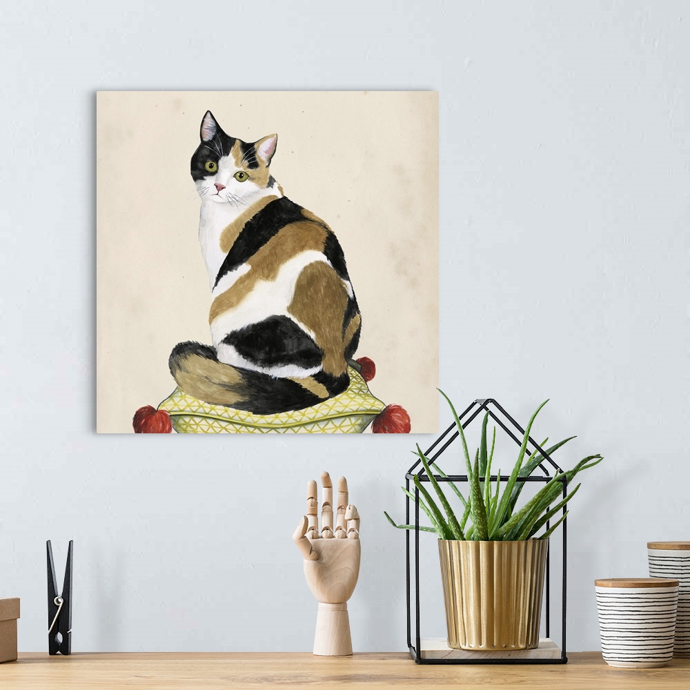A bohemian room featuring Illustration of a calico cat sitting on a patterned pillow.