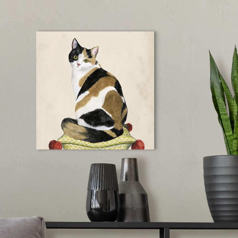 A modern room featuring Illustration of a calico cat sitting on a patterned pillow.