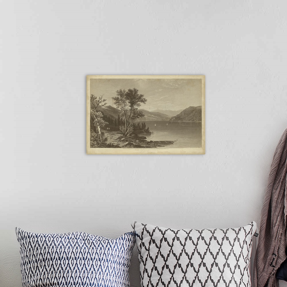 A bohemian room featuring Vintage artwork created from cross-hatching lines of a lake in sepia.