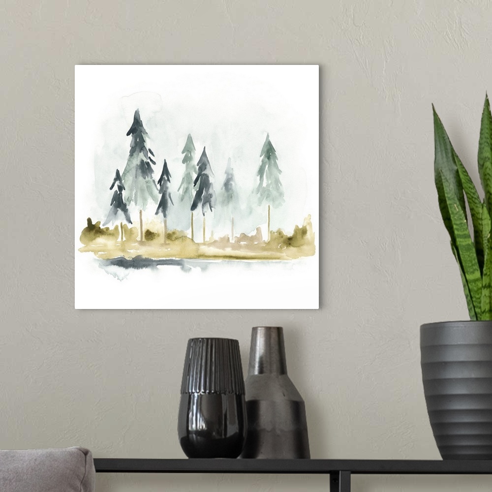 A modern room featuring Watercolor painting of pine trees against a white background.