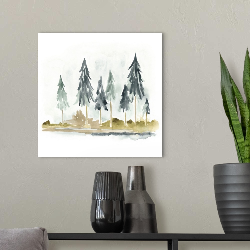 A modern room featuring Watercolor painting of pine trees against a white background.