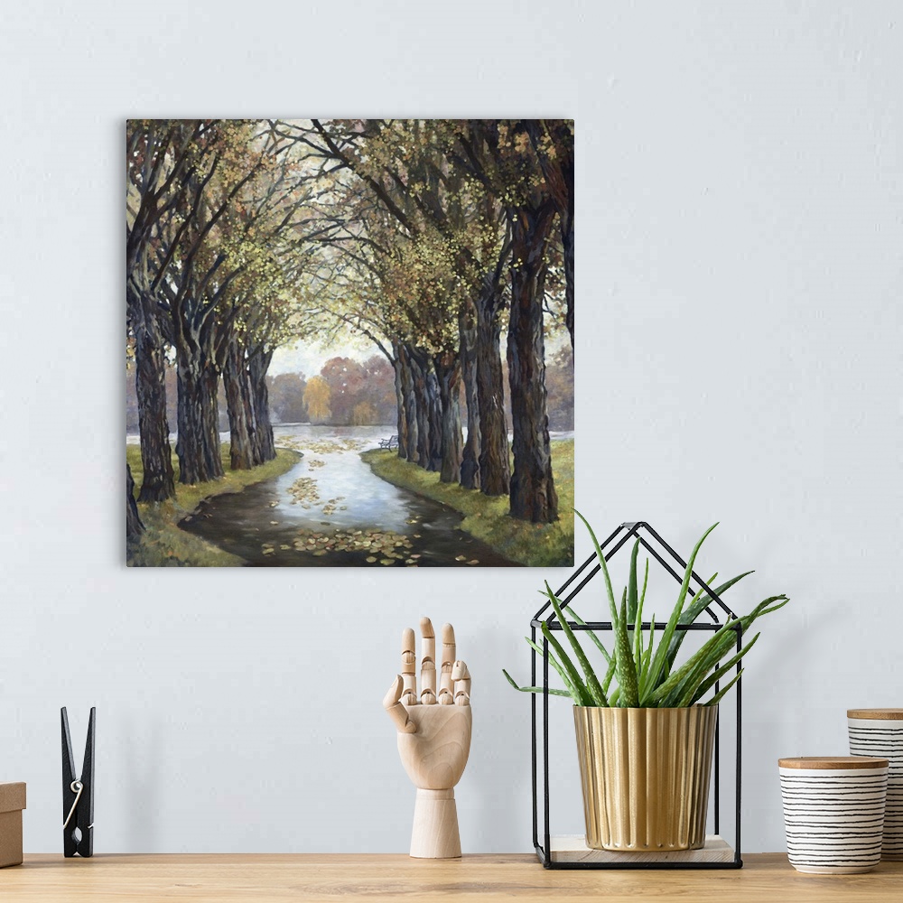 A bohemian room featuring Contemporary painting of a path through a natural archway created by trees.
