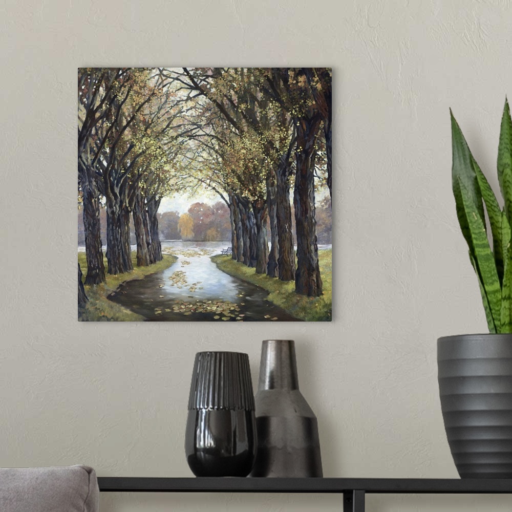 A modern room featuring Contemporary painting of a path through a natural archway created by trees.