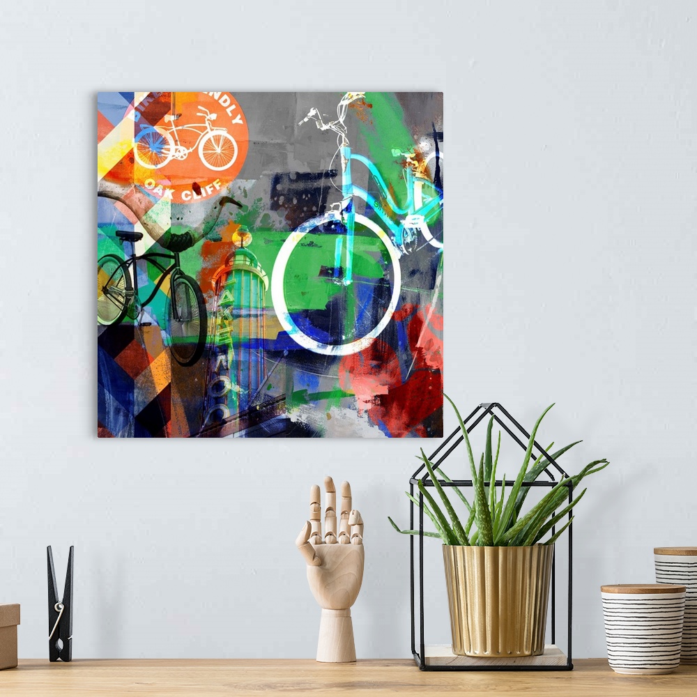 A bohemian room featuring Contemporary collage style artwork using bright colors.