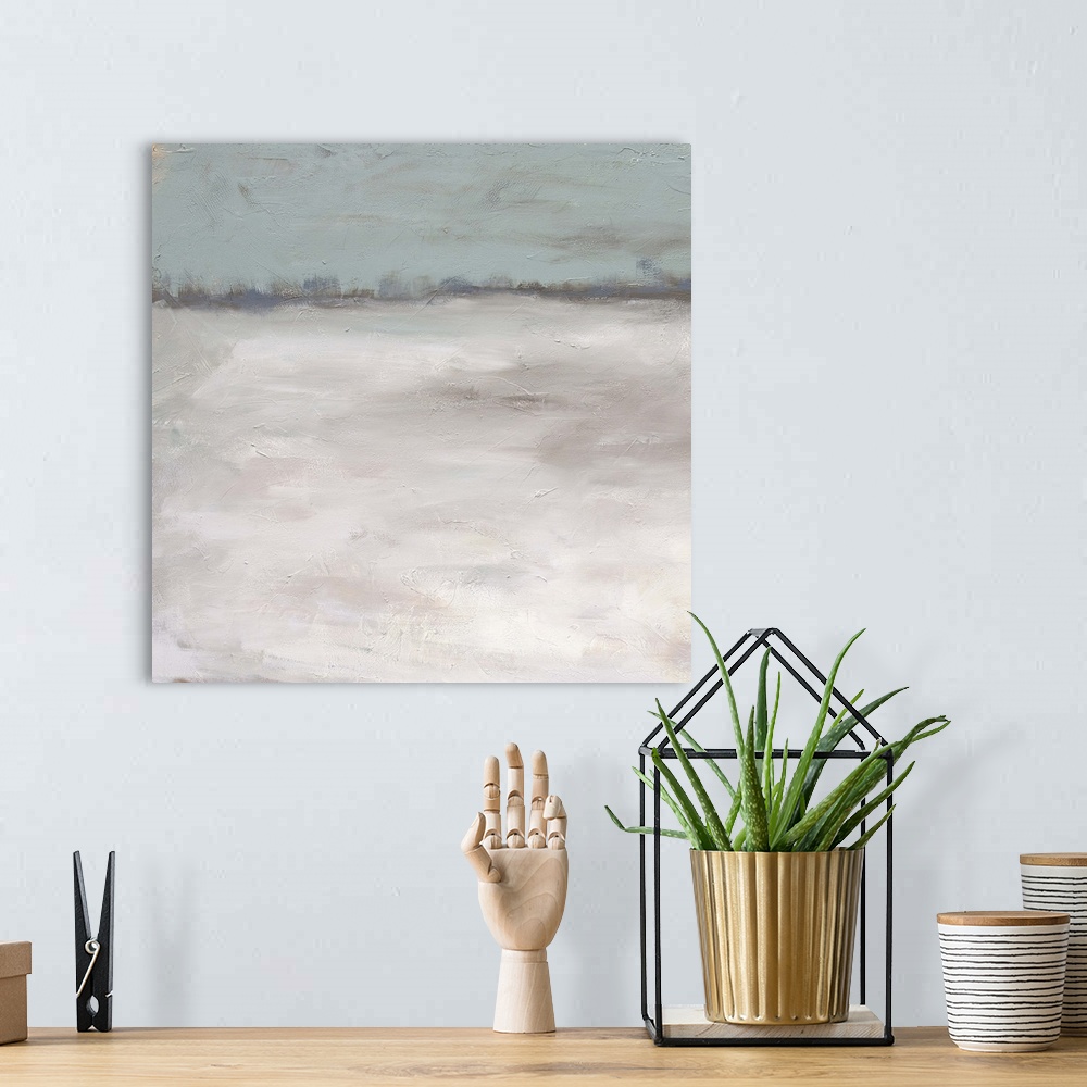 A bohemian room featuring Contemporary abstract painting using pale and muted tones.