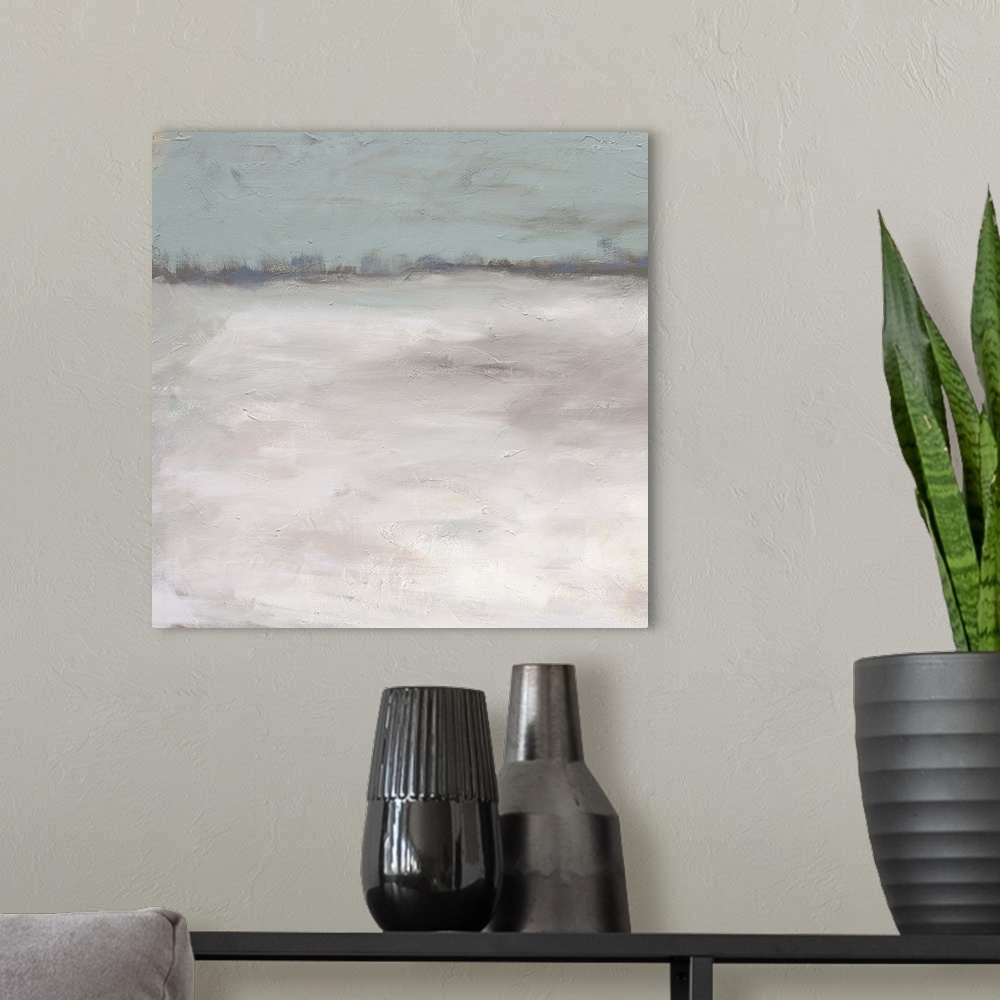 A modern room featuring Contemporary abstract painting using pale and muted tones.
