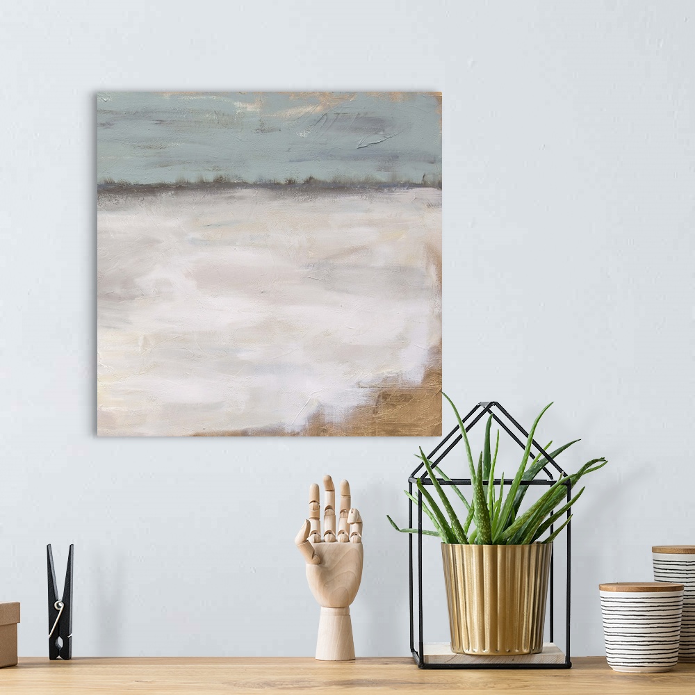 A bohemian room featuring Contemporary abstract painting using pale and muted tones.
