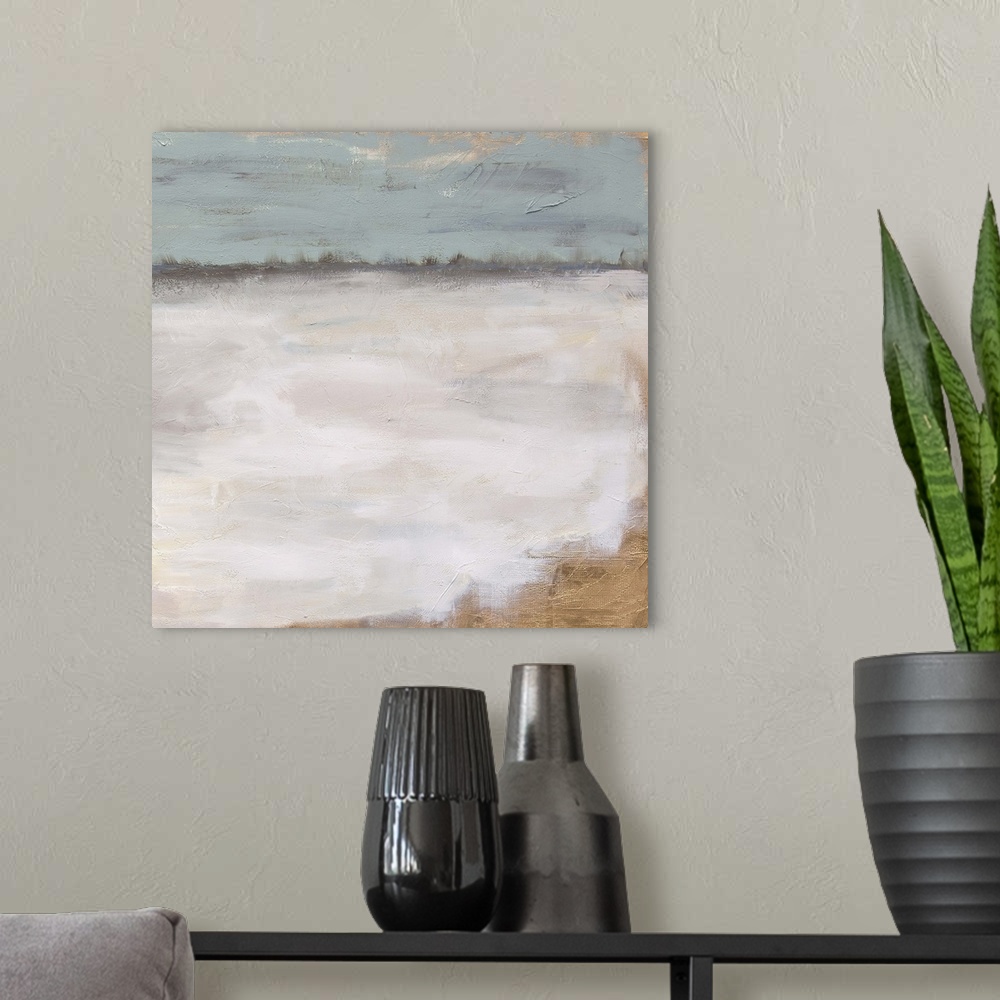 A modern room featuring Contemporary abstract painting using pale and muted tones.