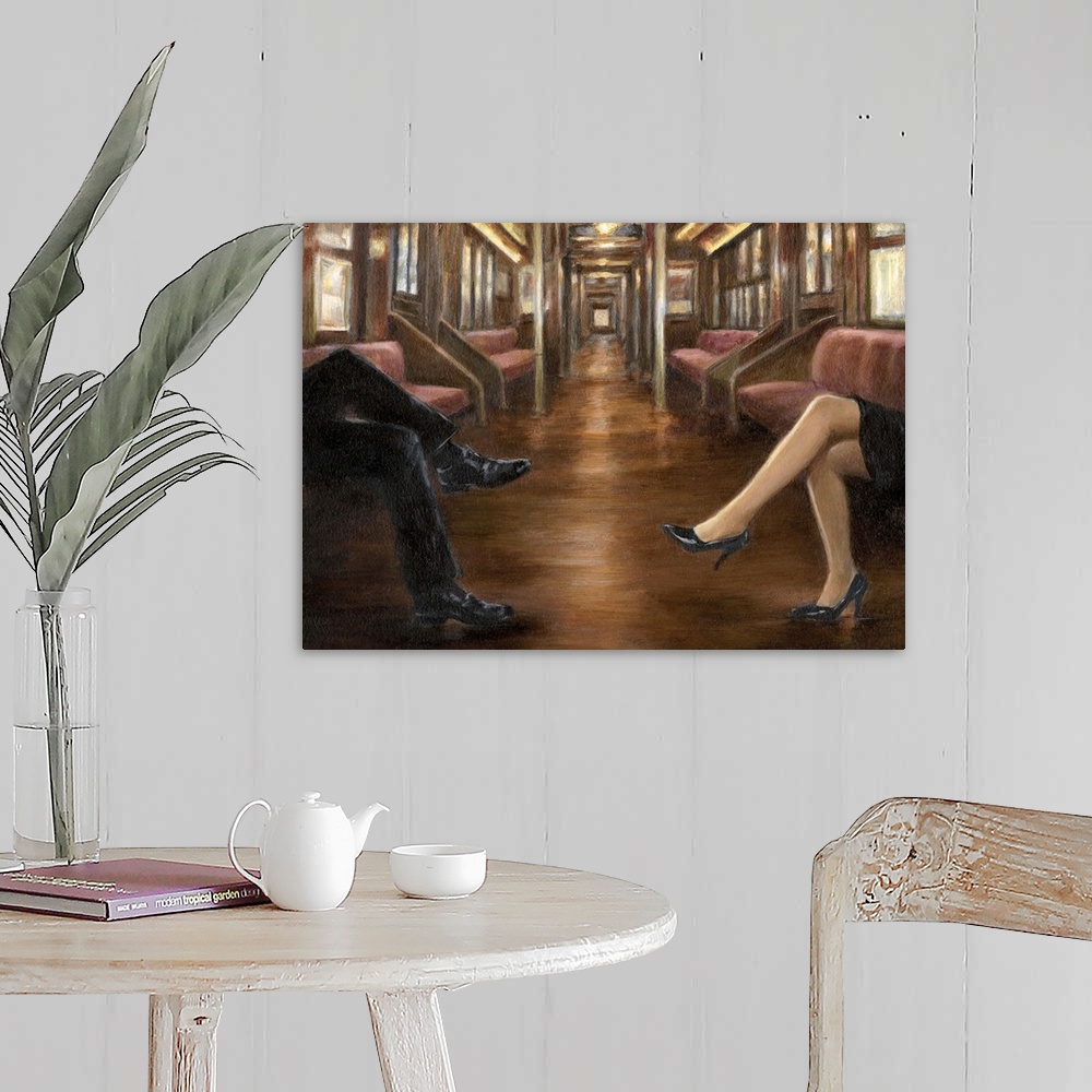 A farmhouse room featuring Contemporary painting of the inside of a train with only the legs of a couple visible.