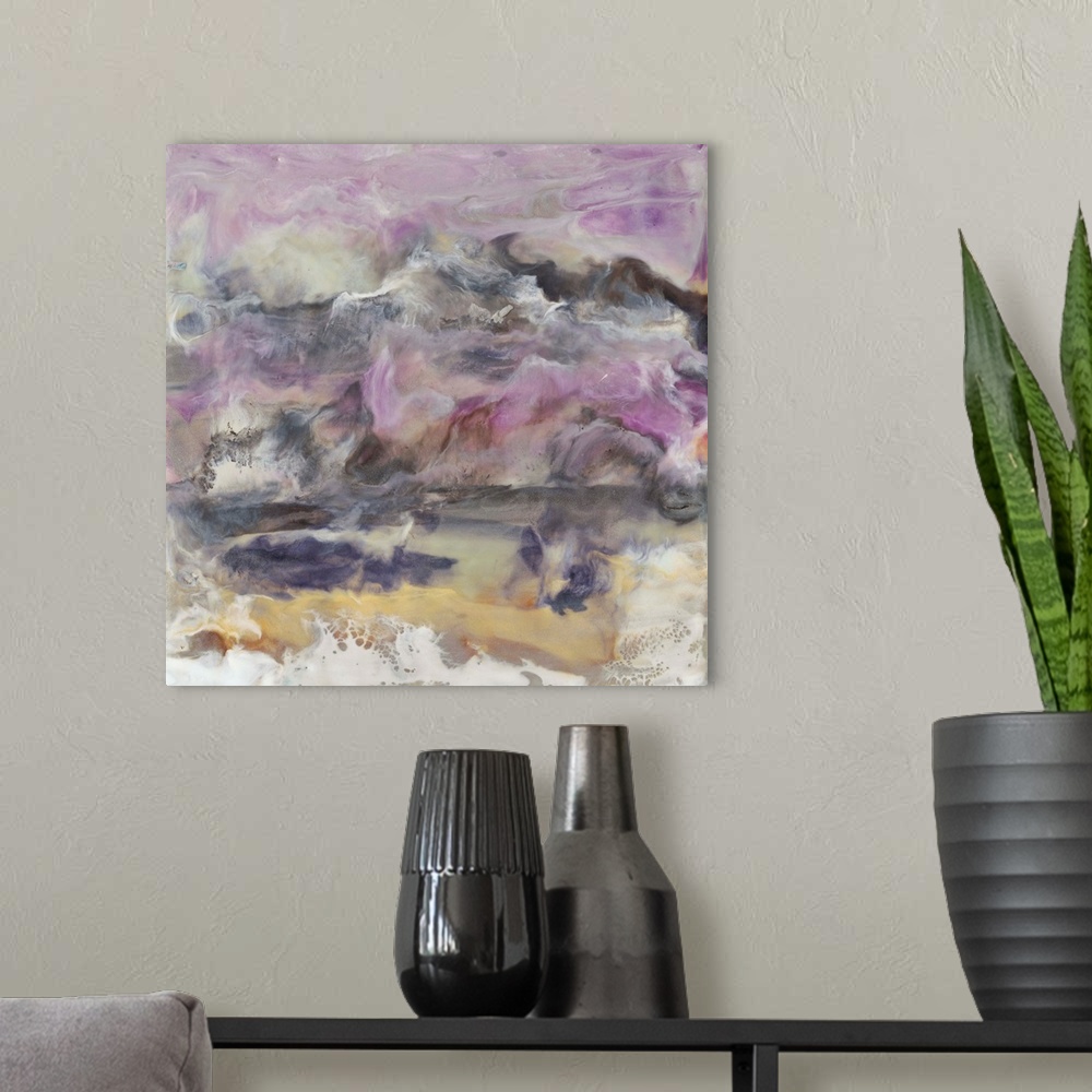 A modern room featuring Soothing contemporary artwork featuring flowing purple, yellow and neutral tones of color to crea...
