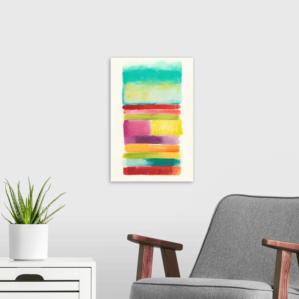 A modern room featuring An abstract painting of rectangular shapes in vibrant colors stacked to create one big rectangle.