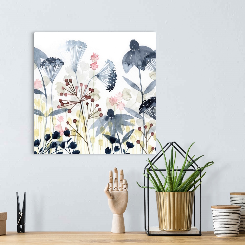 A bohemian room featuring This soft contemporary artwork features an assortment of wildflowers and foliage including delica...