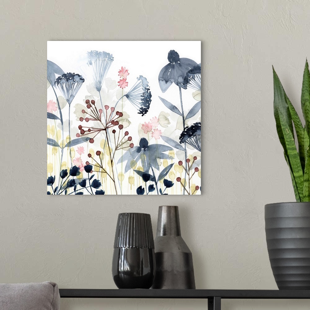 A modern room featuring This soft contemporary artwork features an assortment of wildflowers and foliage including delica...