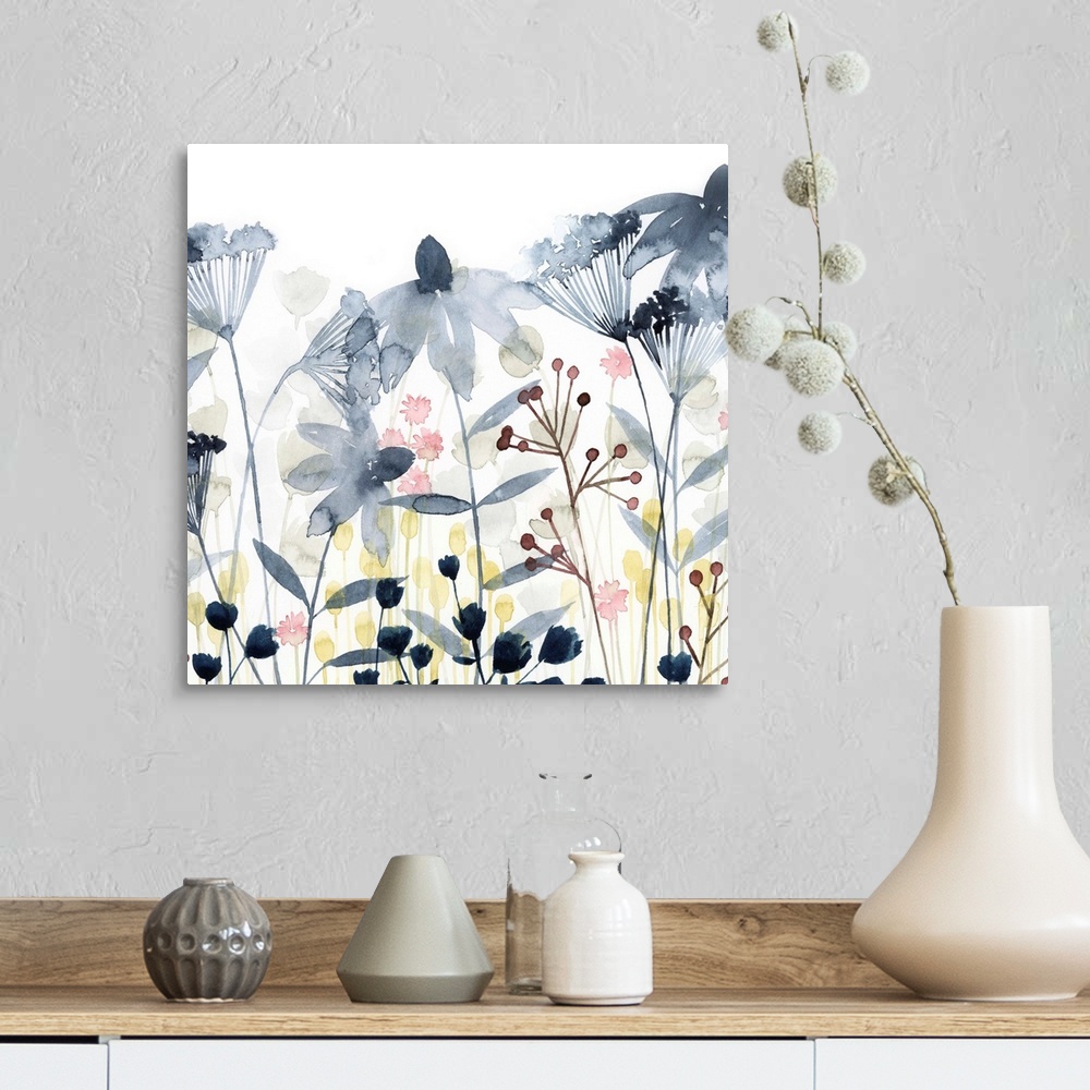 A farmhouse room featuring This soft contemporary artwork features an assortment of wildflowers and foliage including delica...