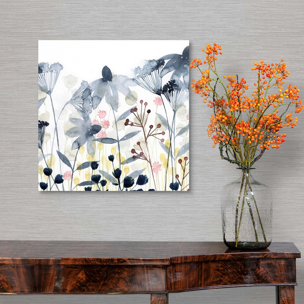 A traditional room featuring This soft contemporary artwork features an assortment of wildflowers and foliage including delica...