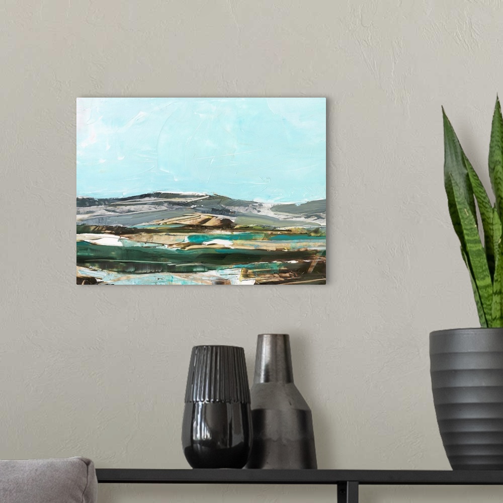 A modern room featuring Layered Mountain Study II