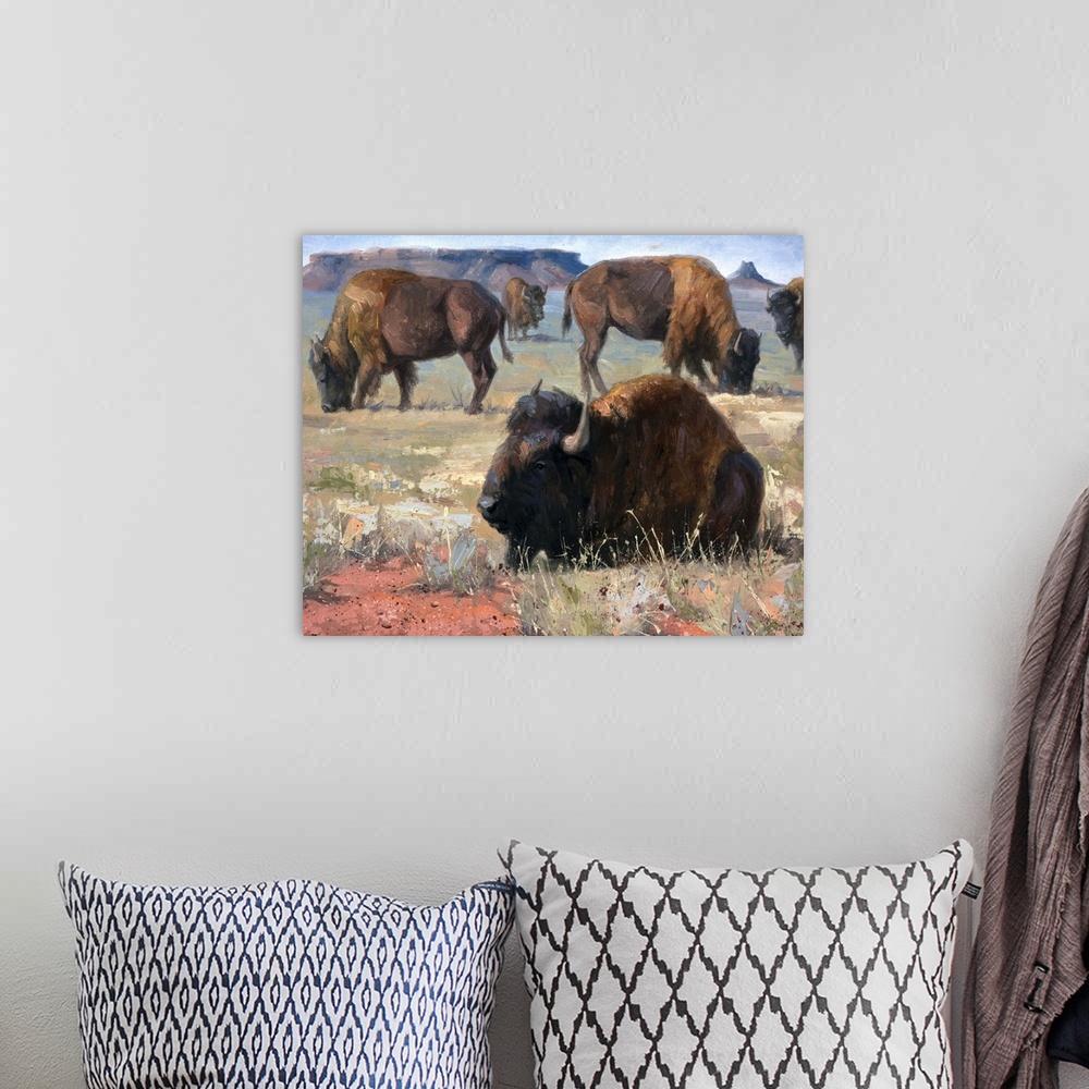 A bohemian room featuring Contemporary painting of a bison in a herd resting in the prairie.