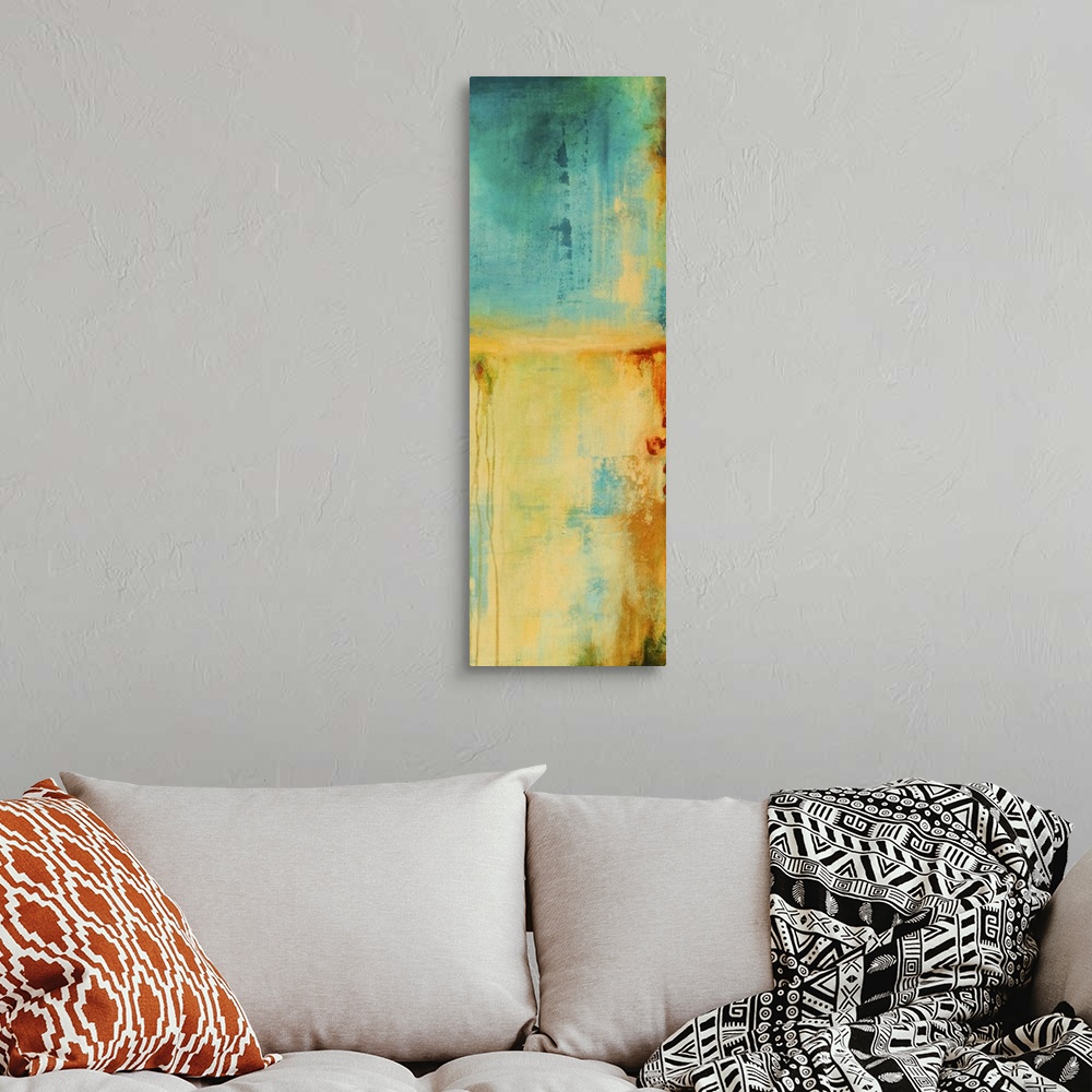 A bohemian room featuring Vertical contemporary painting of an abstract landscape, recalling thoughts of summer on the beach.