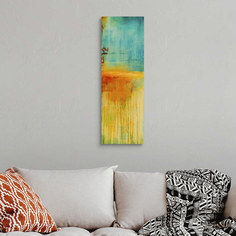 A bohemian room featuring Vertical contemporary painting of an abstract landscape, recalling thoughts of summer on the beach.