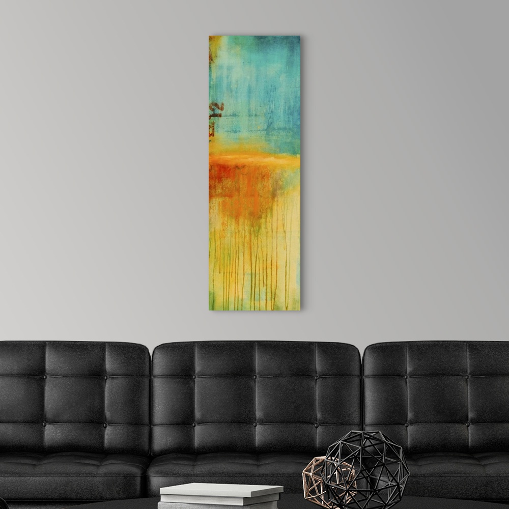 A modern room featuring Vertical contemporary painting of an abstract landscape, recalling thoughts of summer on the beach.