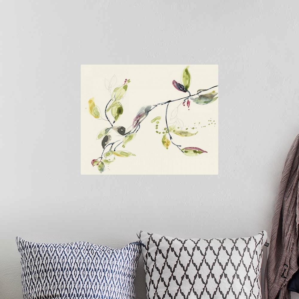 A bohemian room featuring Carefree brush strokes and paint droplets flow over a sketched branch with leaves in this relaxed...