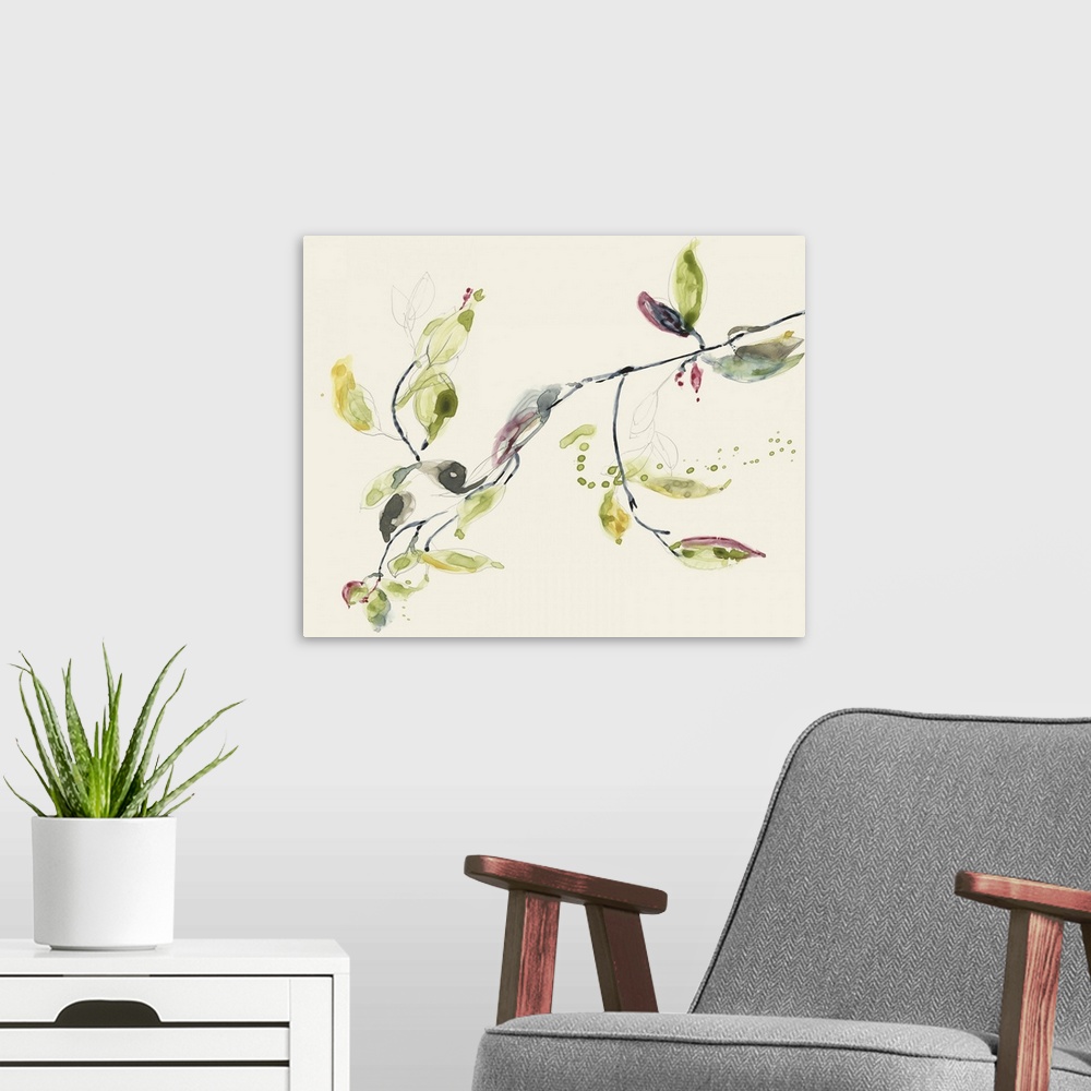 A modern room featuring Carefree brush strokes and paint droplets flow over a sketched branch with leaves in this relaxed...