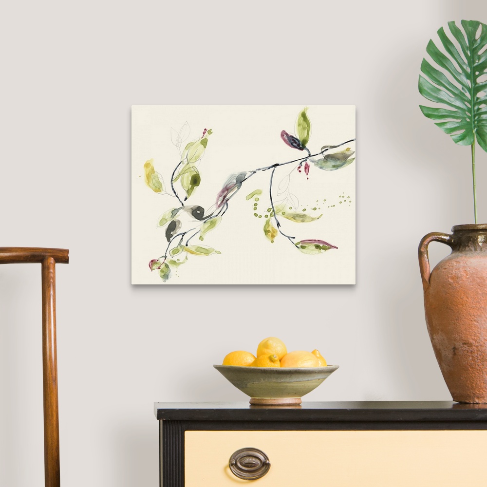 A traditional room featuring Carefree brush strokes and paint droplets flow over a sketched branch with leaves in this relaxed...