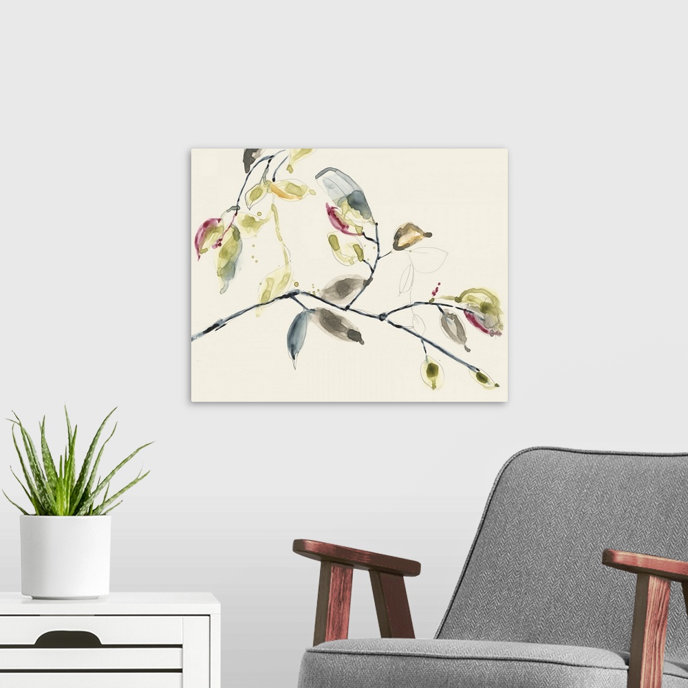 A modern room featuring Carefree brush strokes and paint droplets flow over a sketched branch with leaves in this relaxed...