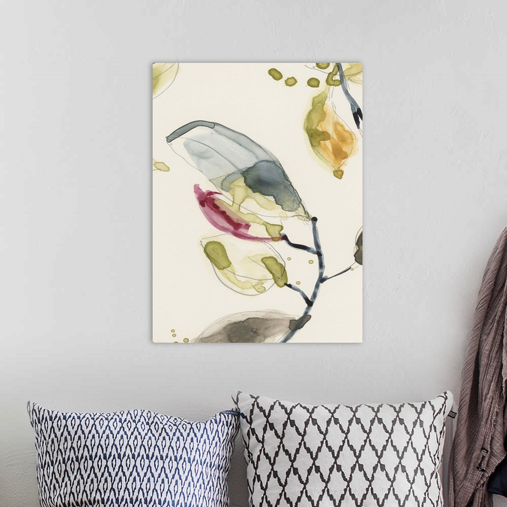 A bohemian room featuring Watercolor abstract branches and leaves. Part of a triptych.