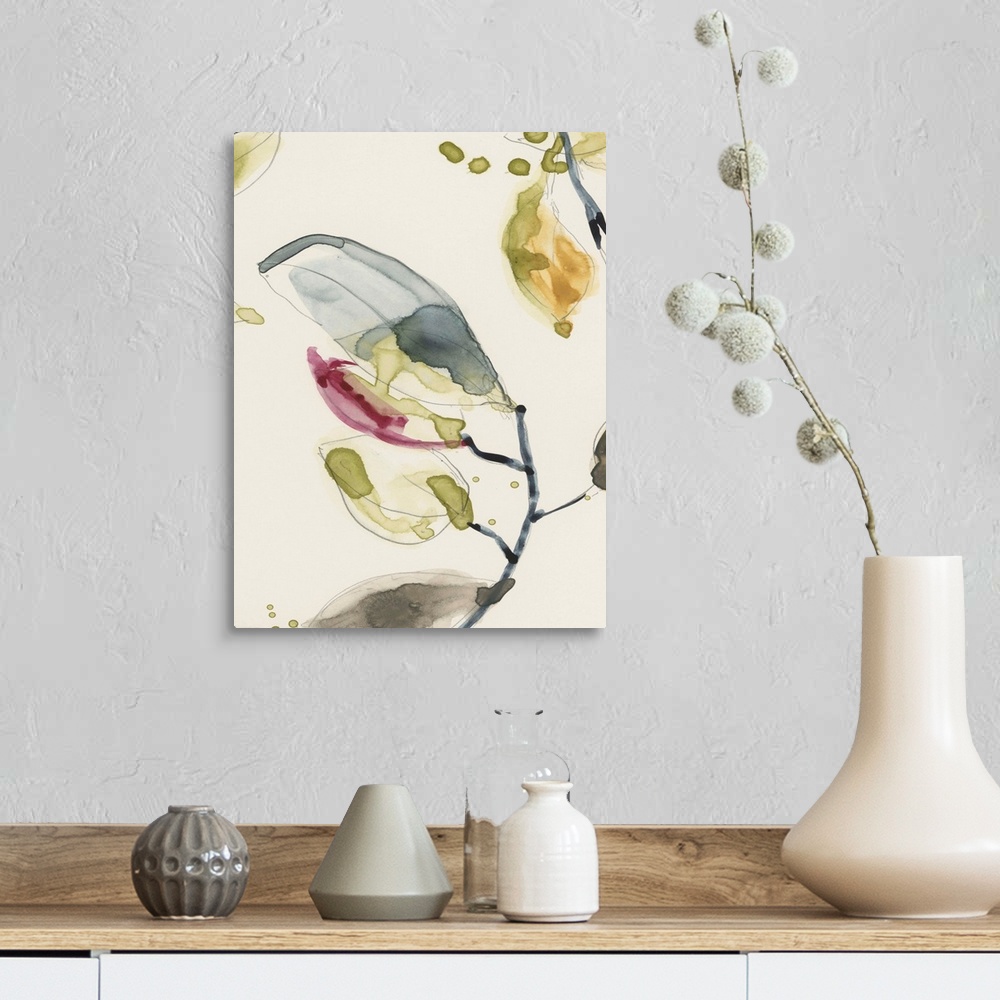 A farmhouse room featuring Watercolor abstract branches and leaves. Part of a triptych.