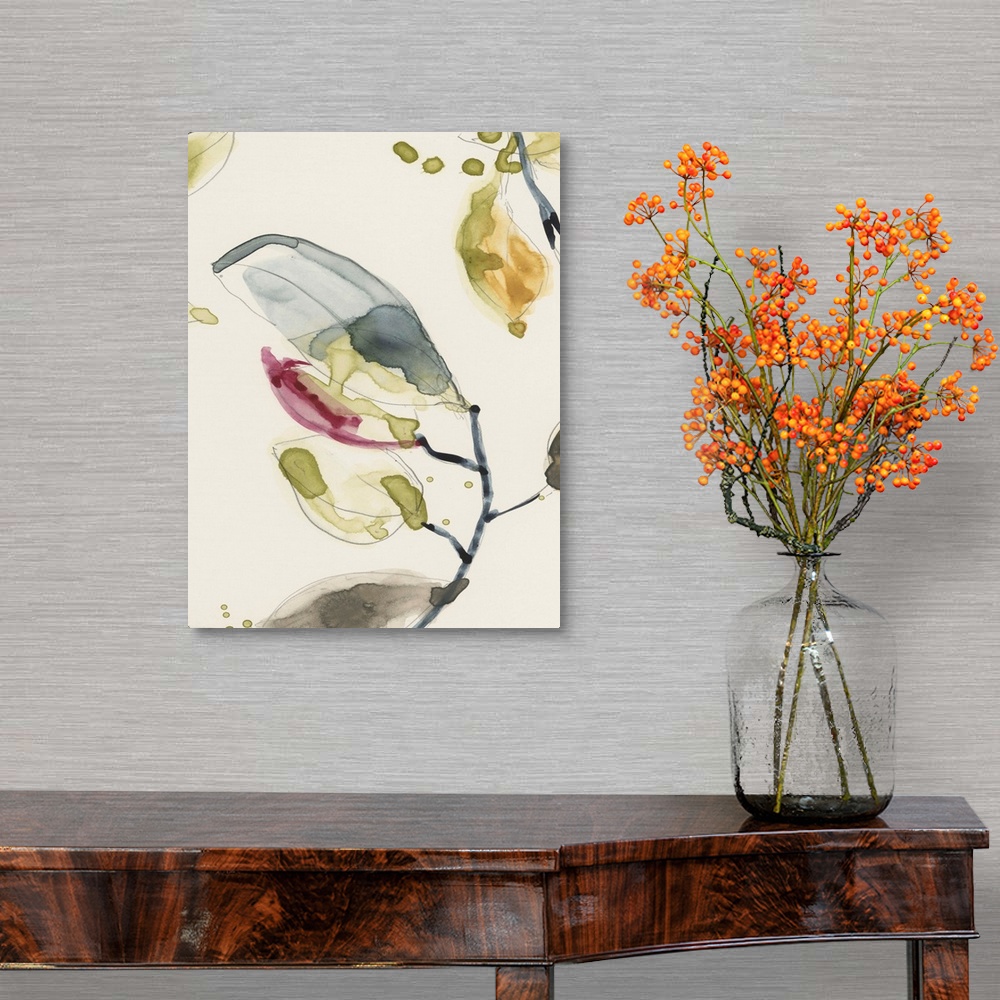 A traditional room featuring Watercolor abstract branches and leaves. Part of a triptych.