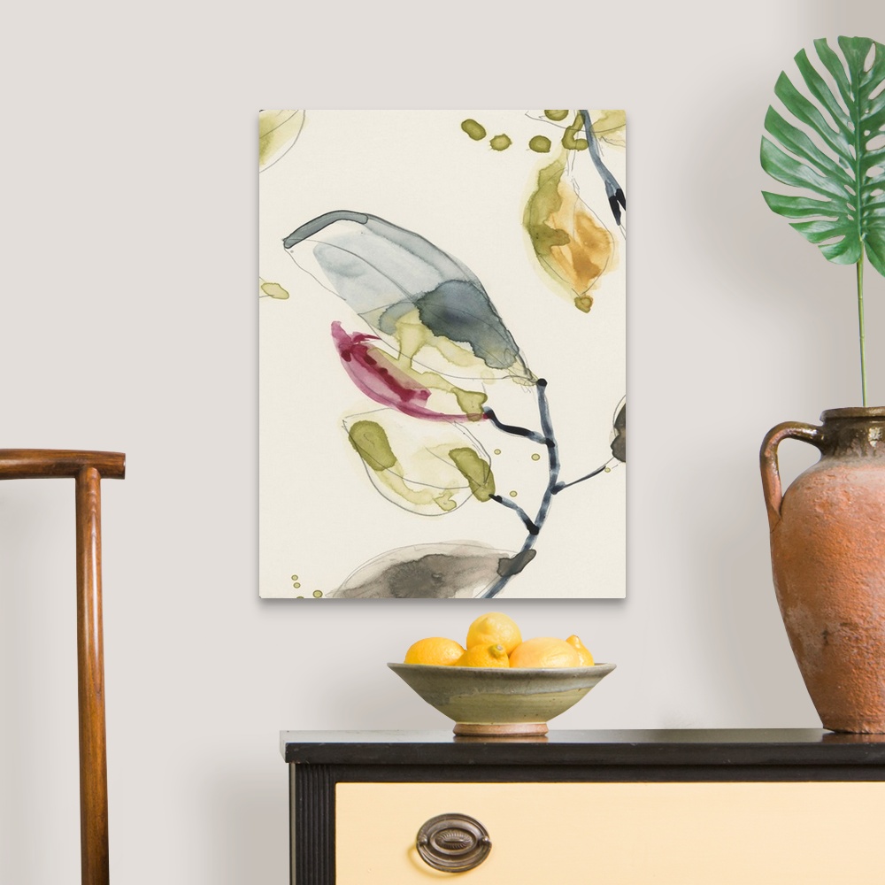 A traditional room featuring Watercolor abstract branches and leaves. Part of a triptych.