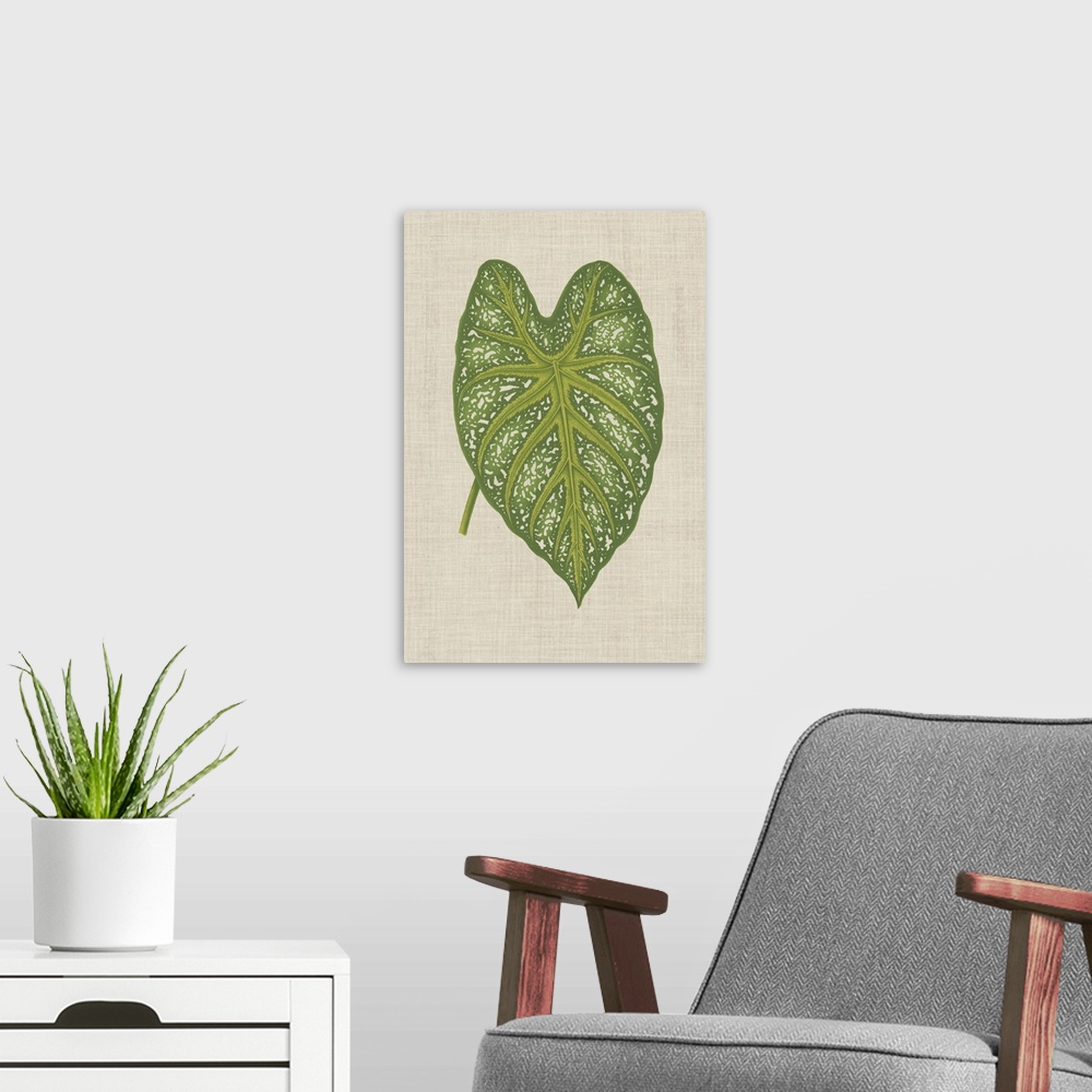 A modern room featuring This decorative artwork features an illustrative leaf with speckling detail over a neutral linen ...