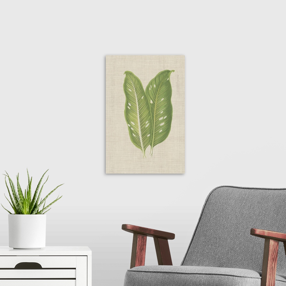 A modern room featuring This decorative artwork features an illustrated front and back view of a leaf with light green ve...