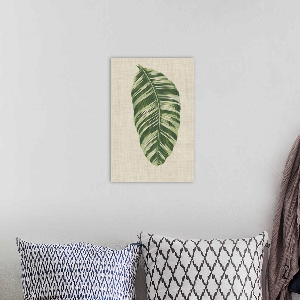 A bohemian room featuring This decorative artwork features an illustrative leaf with dark green stripes over a neutral line...