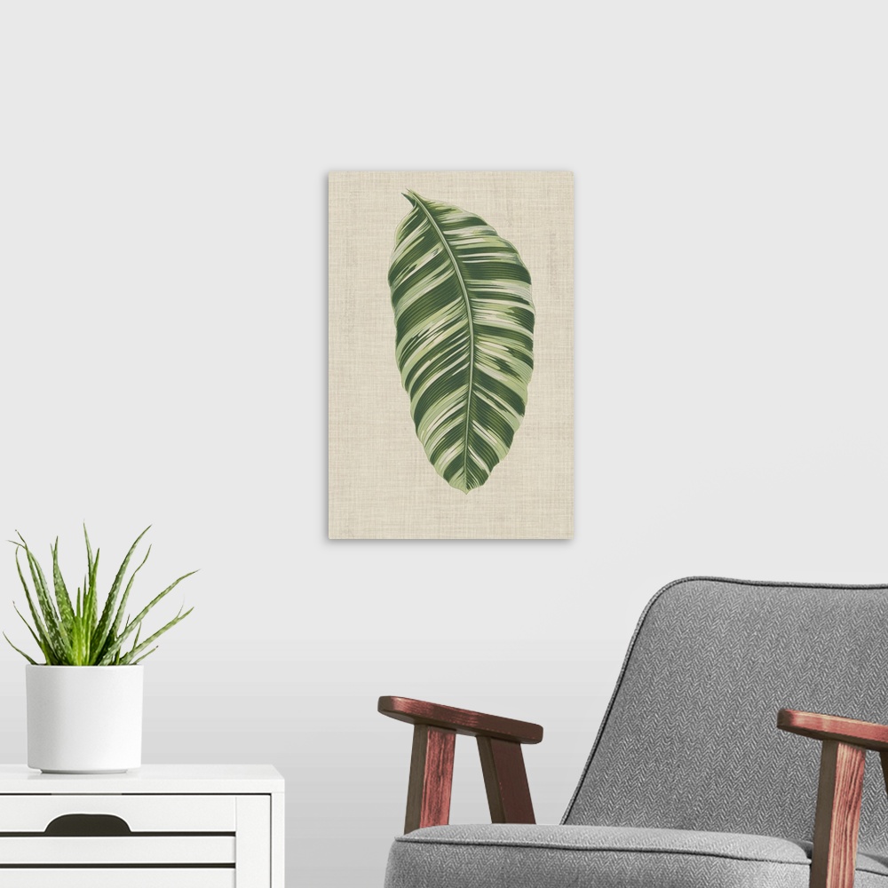 A modern room featuring This decorative artwork features an illustrative leaf with dark green stripes over a neutral line...