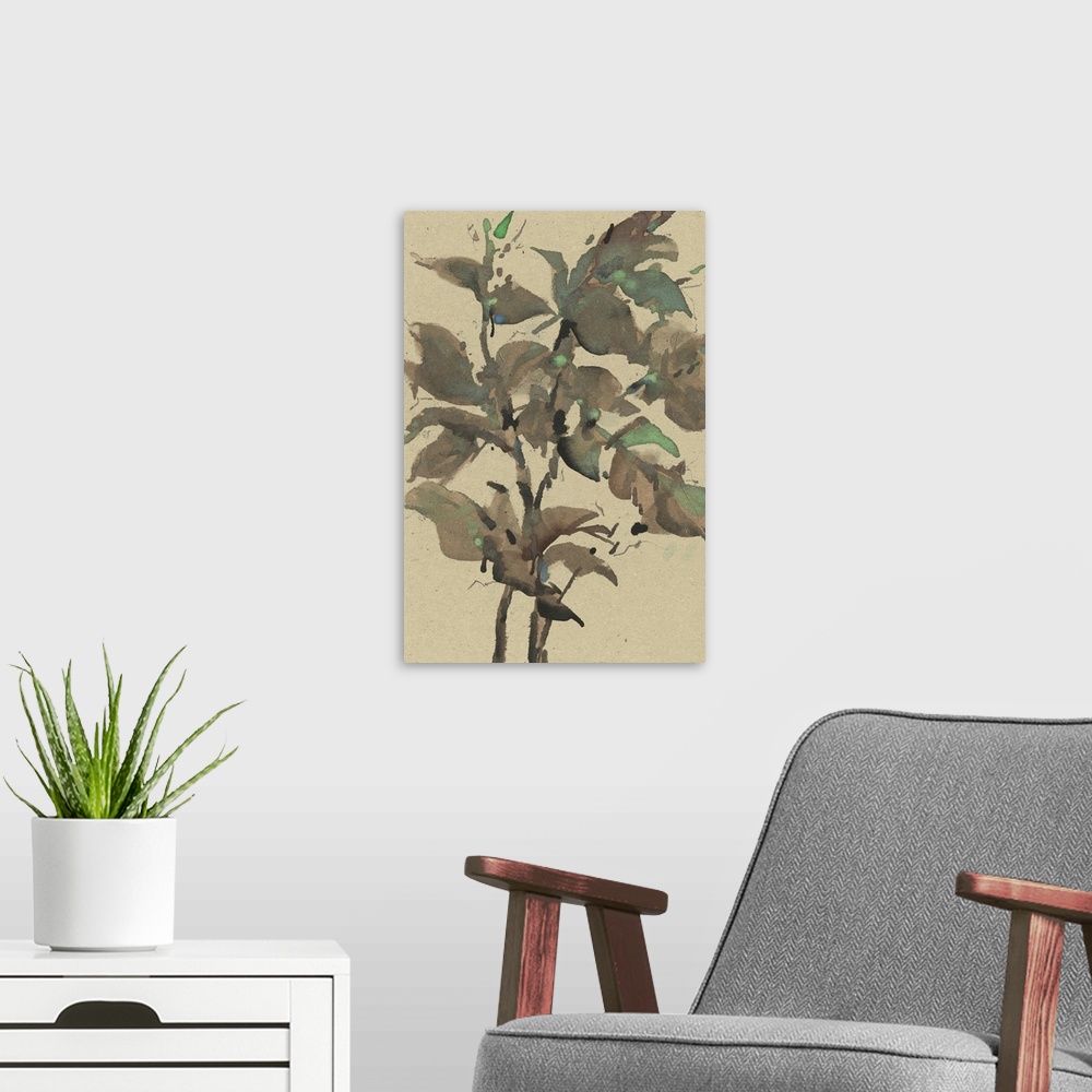 A modern room featuring Leaves On Taupe I