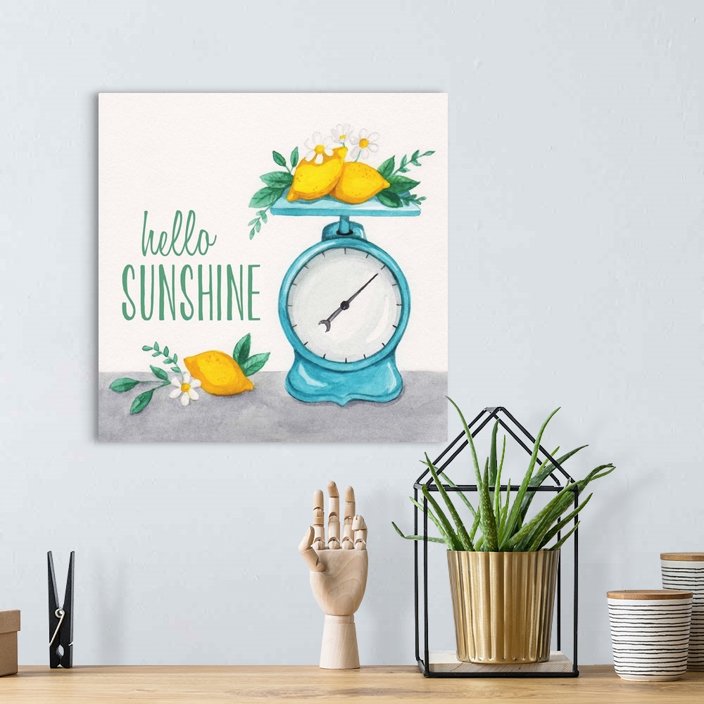 A bohemian room featuring Decorative art featuring the jubilant phrase, "Hello sunshine" with a weight scale and lemons.