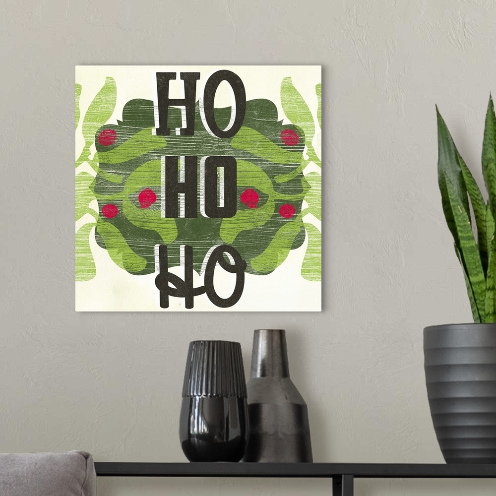 A modern room featuring "Ho Ho Ho" on a holly wreath against a cream backdrop and overlapping thin white lines that give ...