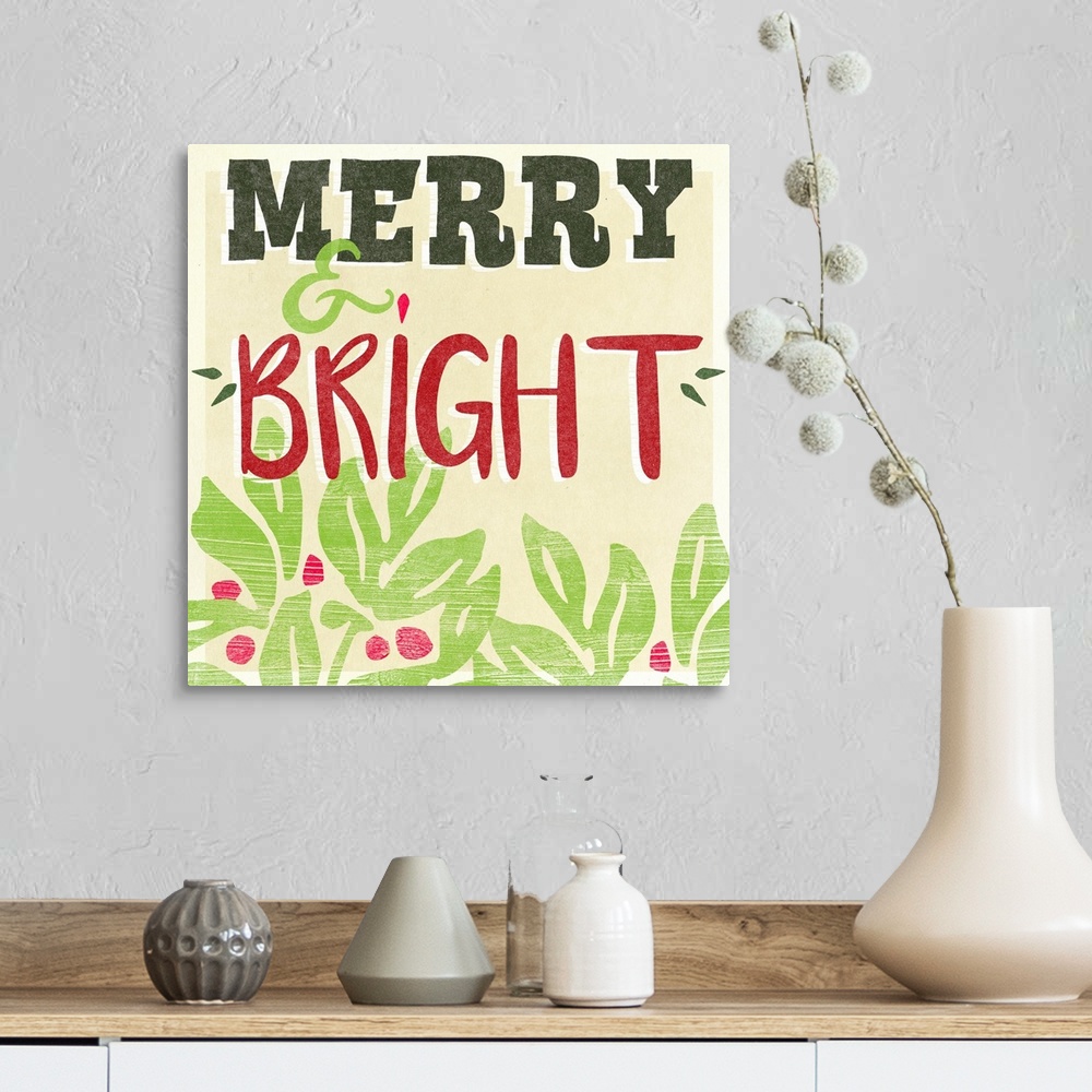 A farmhouse room featuring "Merry & Bright" above holly against a cream backdrop and overlapping thin white lines that give ...