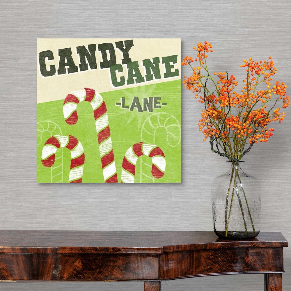 A traditional room featuring "Candy Cane Lane" above candy canes against a lime green backdrop and overlapping thin white line...