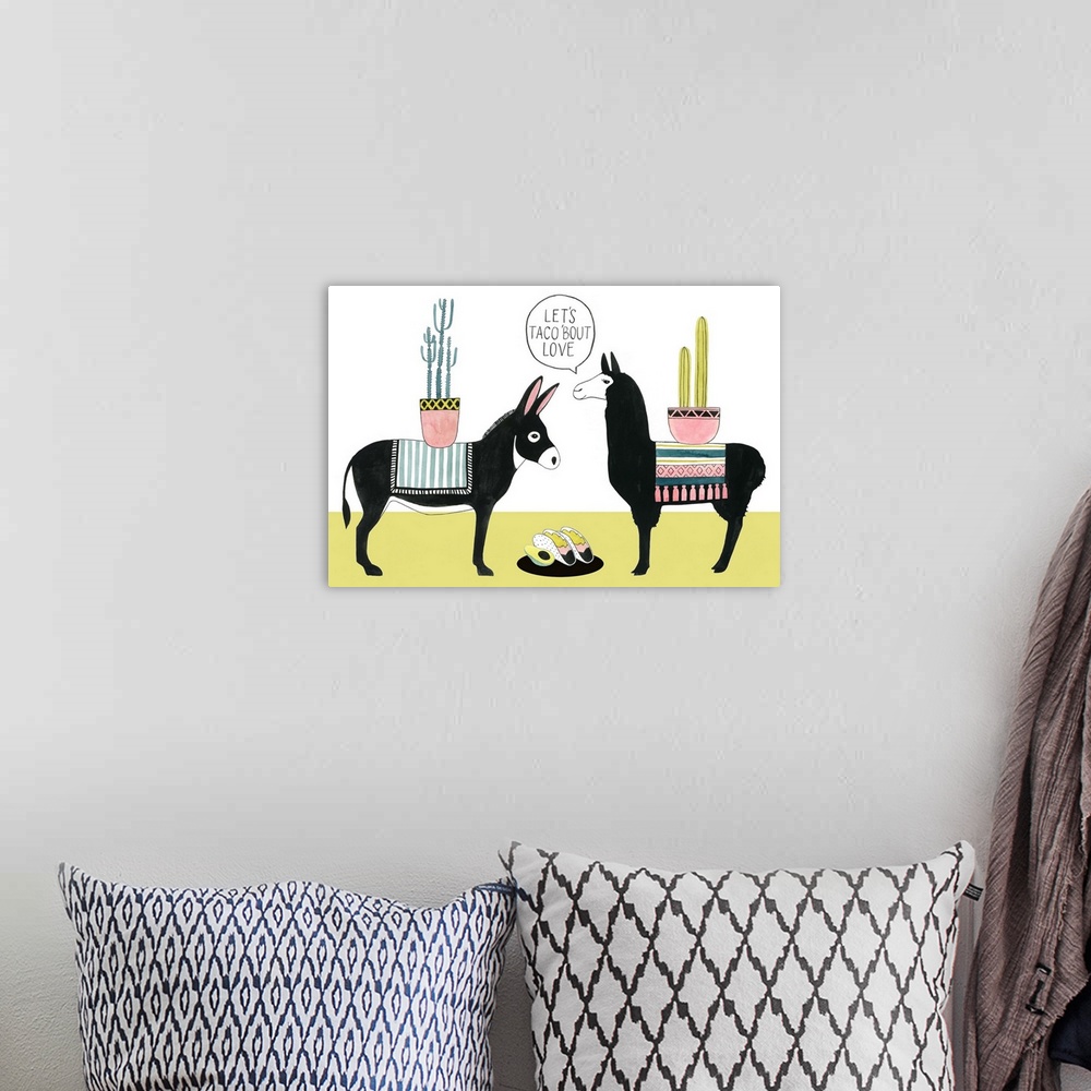 A bohemian room featuring This humorous decorative artwork features a donkey and a llama sharing tacos with the words: Lets...