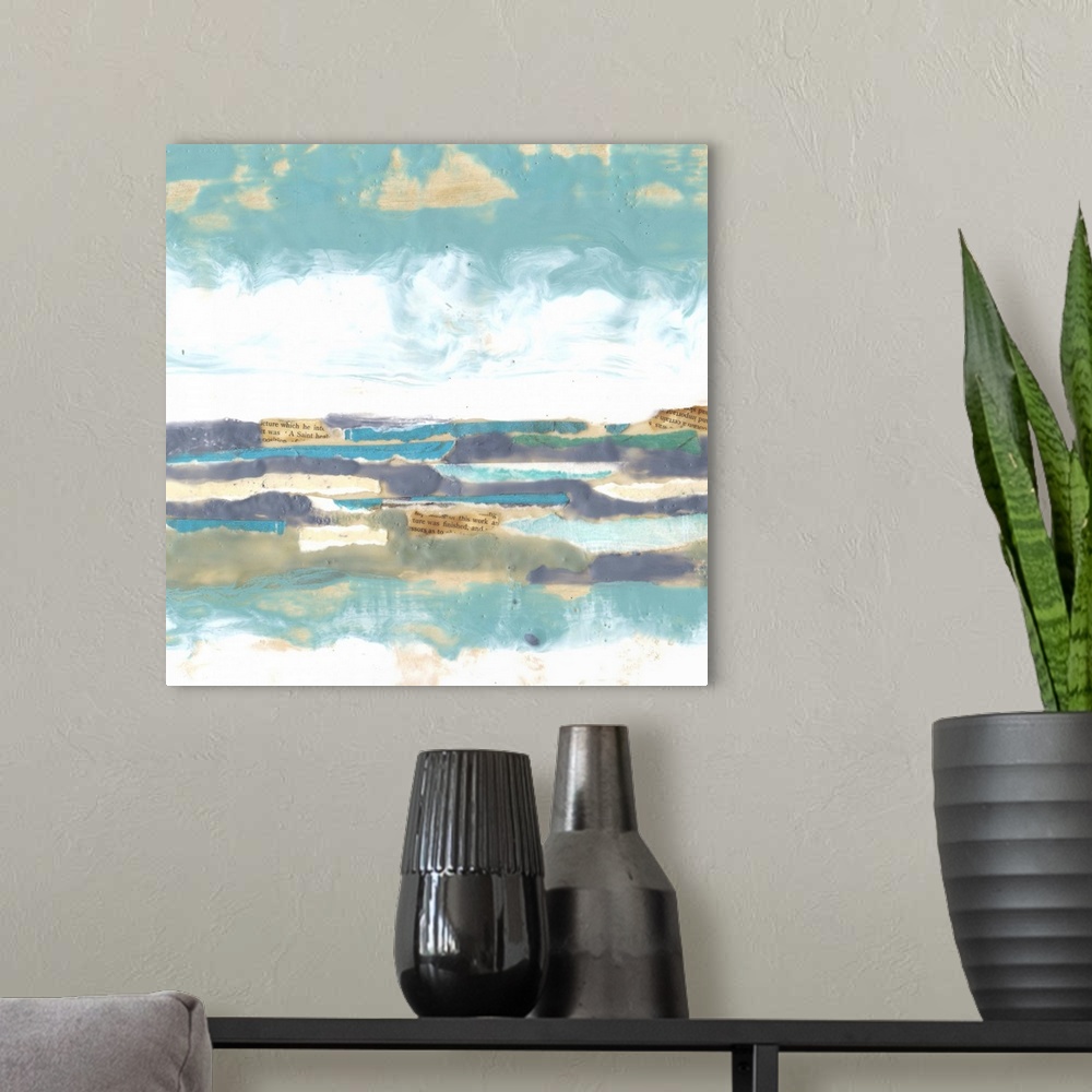 A modern room featuring Contemporary abstract artwork using cool tones in horizontal formation to look like an open sea.