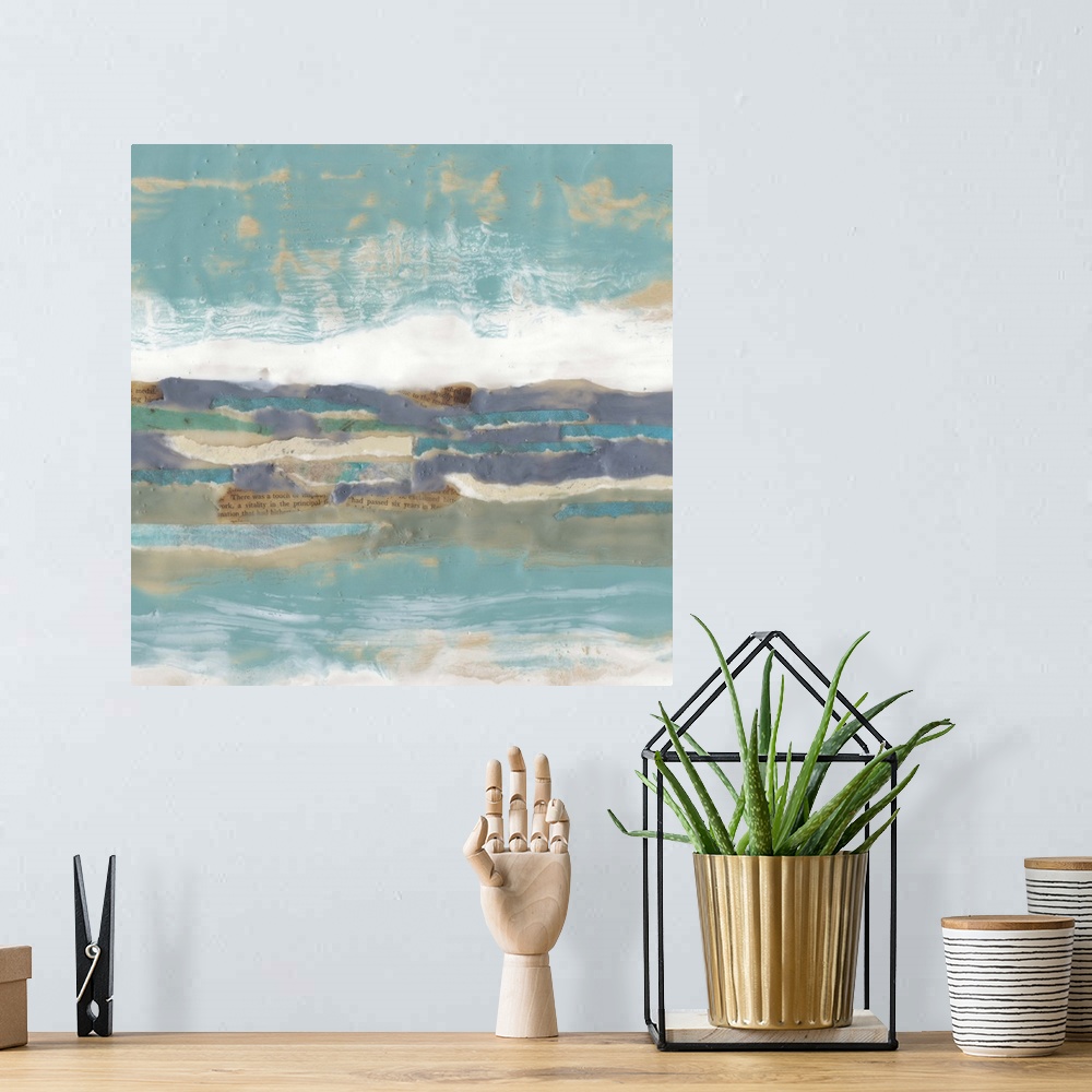 A bohemian room featuring Contemporary abstract artwork using cool tones in horizontal formation to look like an open sea.