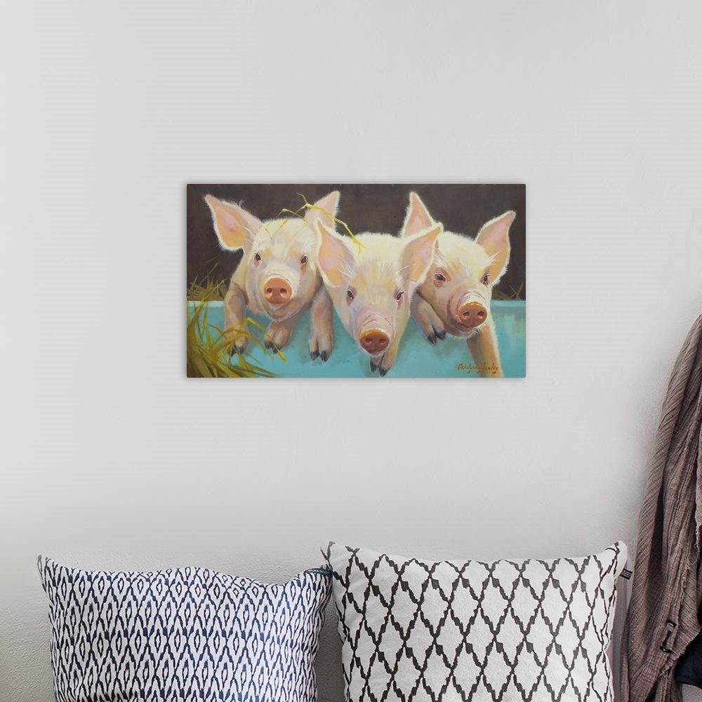 A bohemian room featuring Contemporary artwork of endearing piglets in a teal container filled with hay.
