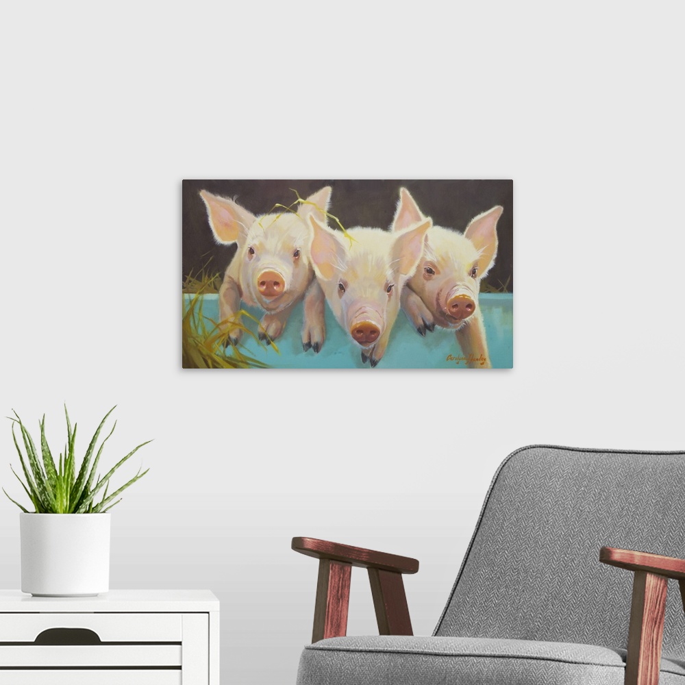 A modern room featuring Contemporary artwork of endearing piglets in a teal container filled with hay.