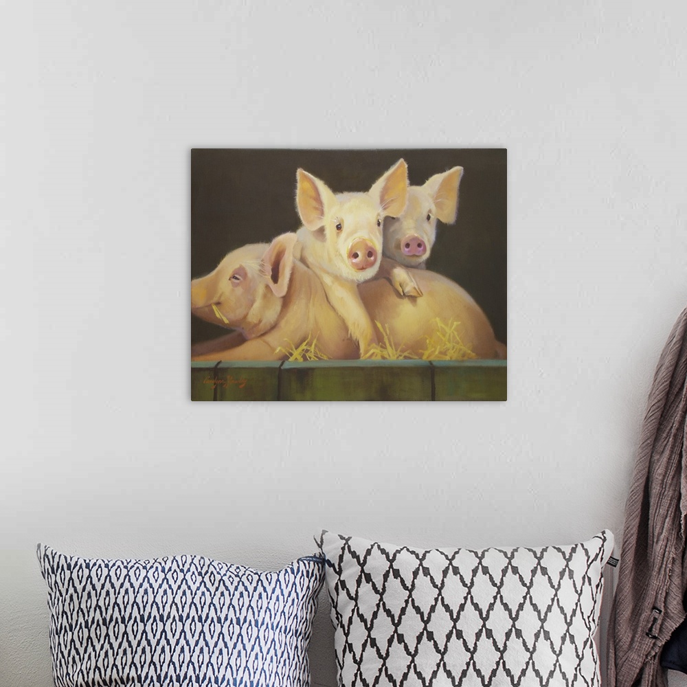 A bohemian room featuring Contemporary artwork of endearing piglets leaning over their mother in a wood container fill with...