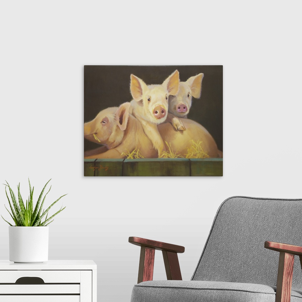 A modern room featuring Contemporary artwork of endearing piglets leaning over their mother in a wood container fill with...