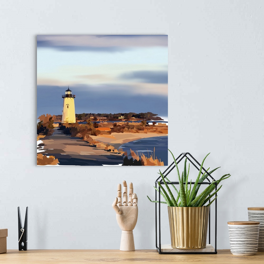 A bohemian room featuring Peaceful landscape painting of a lighthouse on the coast in the evening.